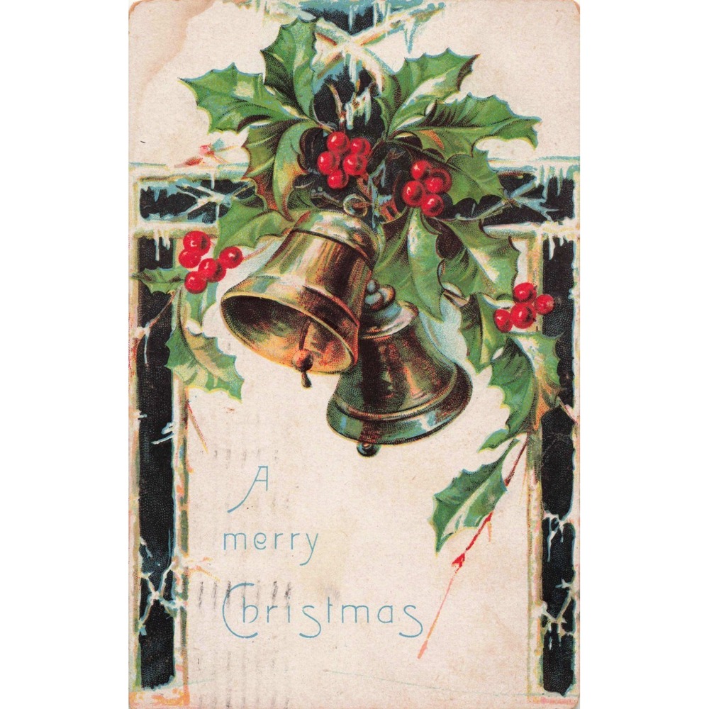Antique Christmas Postcard 1909 Embossed Bells Holly Saxony Oswego NY Posted - Picture 1 of 2